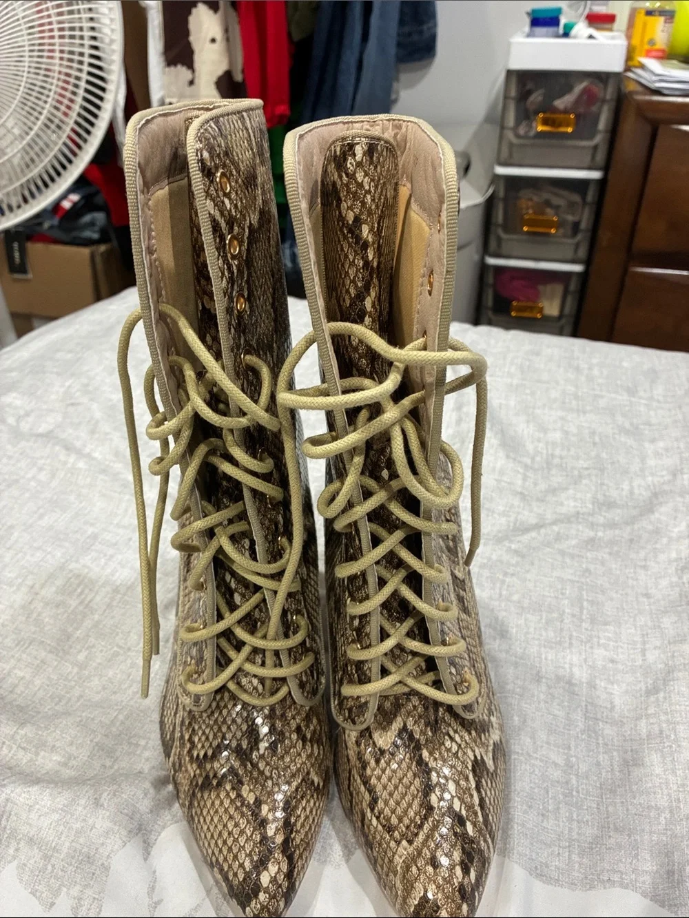 Snake-Print Lace-Up Block Heel Boots in Brown